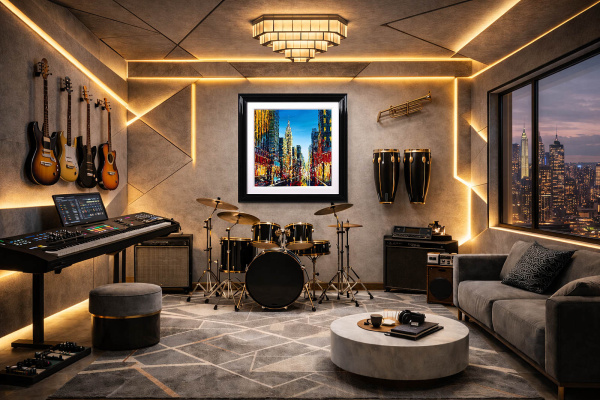 Rush Hour Reverie, NYC by Simon Wright, original painting, in room