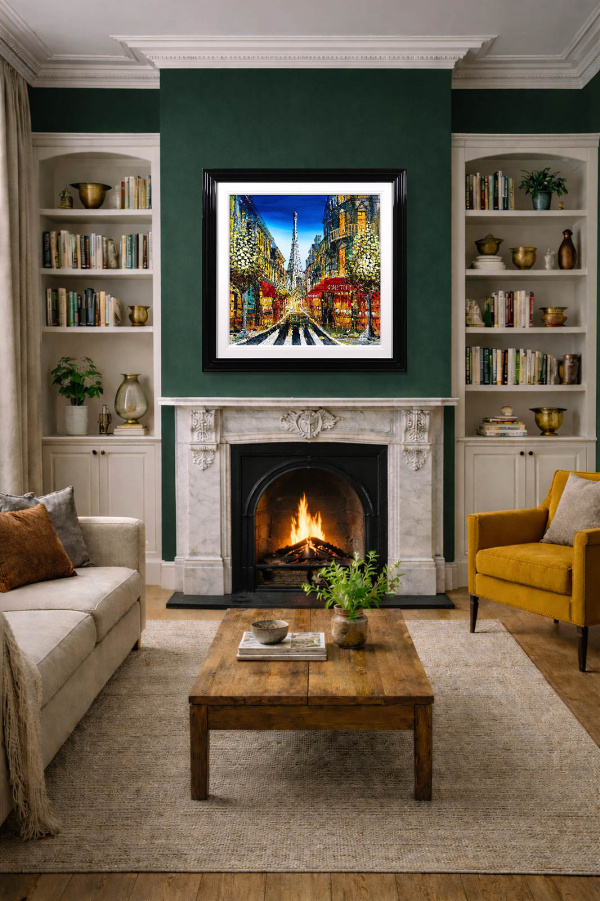 Paris Café Lights by Simon Wright, original painting, in room