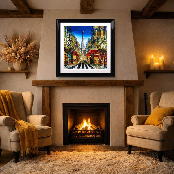 Paris Café Lights by Simon Wright, original painting, in room