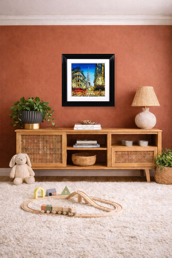 Eiffel Tower at Dusk by Simon Wright, original painting, in room