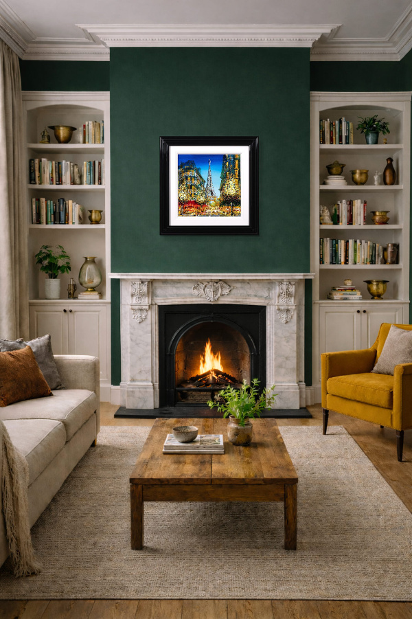 Eiffel Tower at Dusk by Simon Wright, original painting, in room