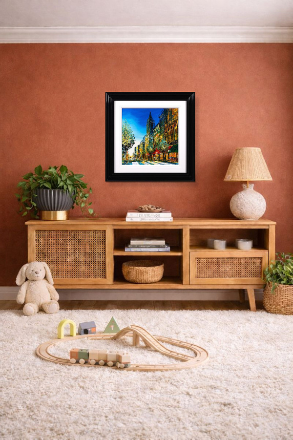 Midtown Glow by Simon Wright, original painting, in room