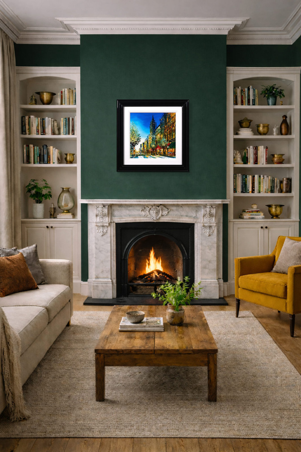 Midtown Glow by Simon Wright, original painting, in room