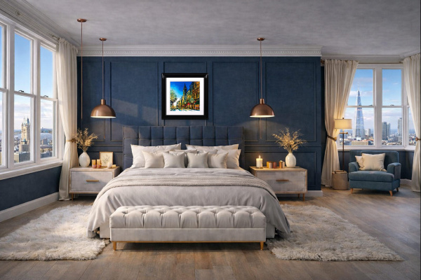 Midtown Glow by Simon Wright, original painting, in room