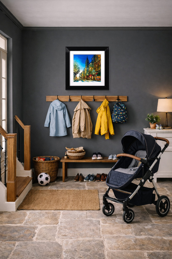 Midtown Glow by Simon Wright, original painting, in room