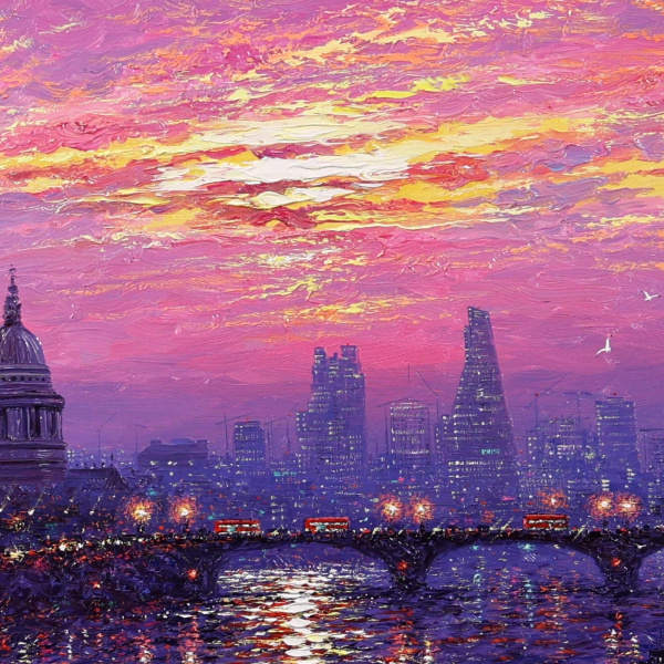 Sunshine Sparkle Across The Thames by Andrew Grant Kurtis, original painting, detail