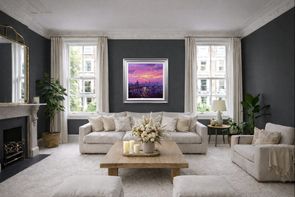 Sunshine Sparkle Across The Thames by Andrew Grant Kurtis, original painting, in room