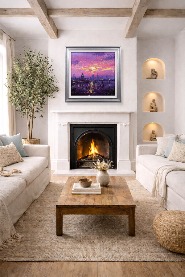 Sunshine Sparkle Across The Thames by Andrew Grant Kurtis, original painting, in room