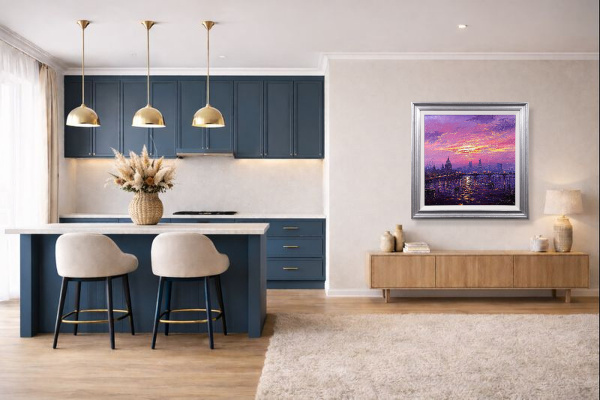 Sunshine Sparkle Across The Thames by Andrew Grant Kurtis, original painting, in room