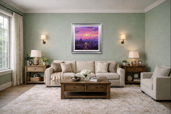 Sunshine Sparkle Across The Thames by Andrew Grant Kurtis, original painting, in room