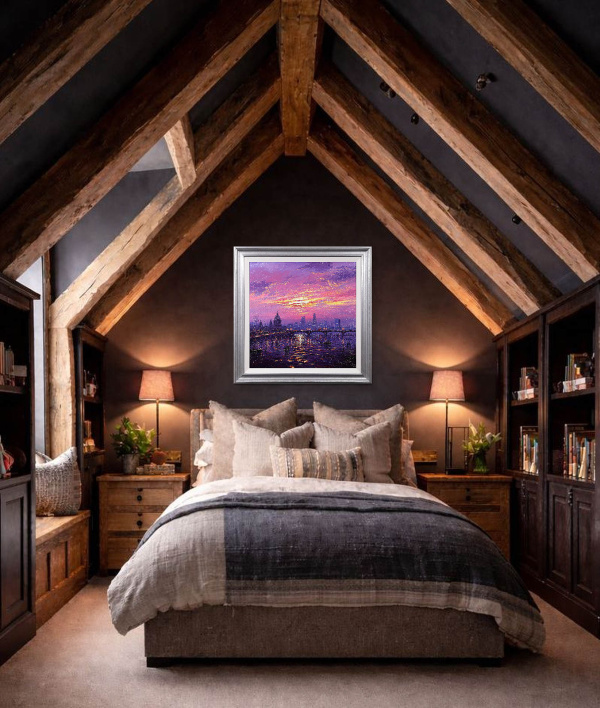 Sunshine Sparkle Across The Thames by Andrew Grant Kurtis, original painting, in room