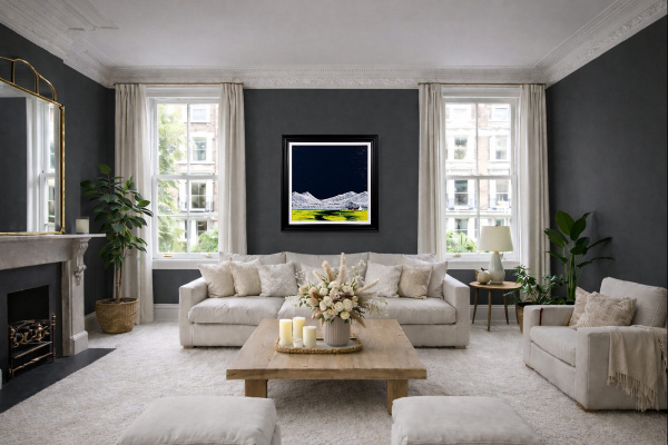 Winter Cottage by Jay Nottingham, original painting, in room