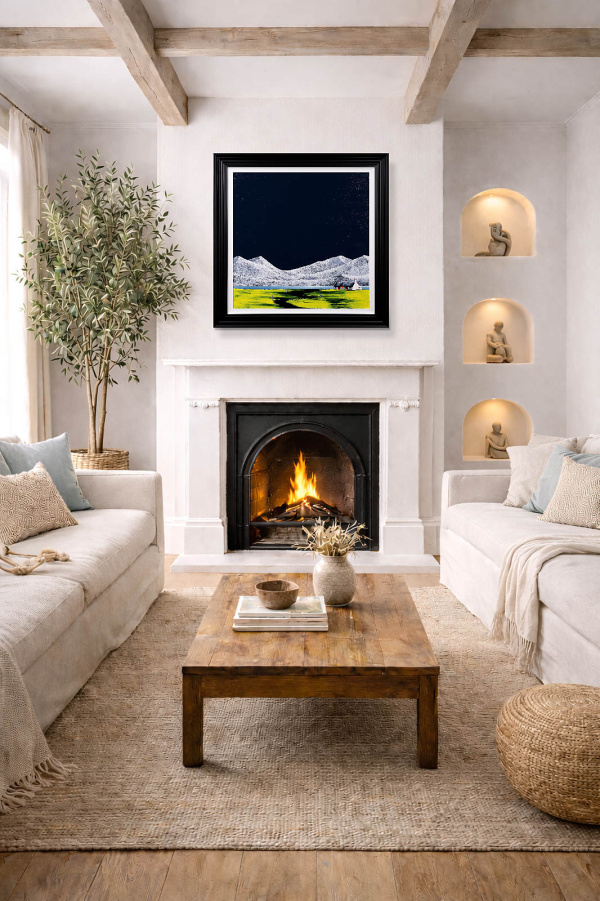 Winter Cottage by Jay Nottingham, original painting, in room