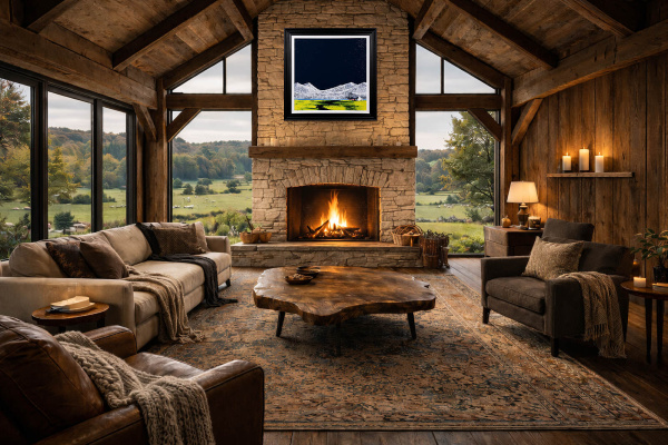 Winter Cottage by Jay Nottingham, original painting, in room