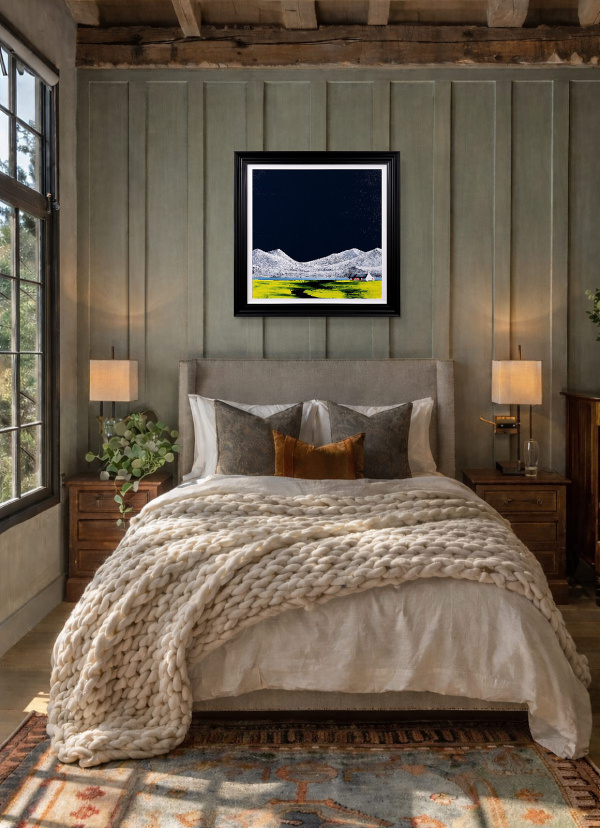 Winter Cottage by Jay Nottingham, original painting, in room