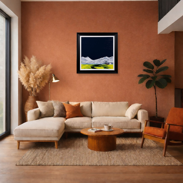 Winter Cottage by Jay Nottingham, original painting, in room