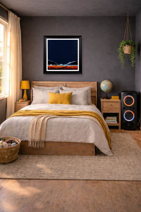 Distant Shores by Jay Nottingham, original painting, in room