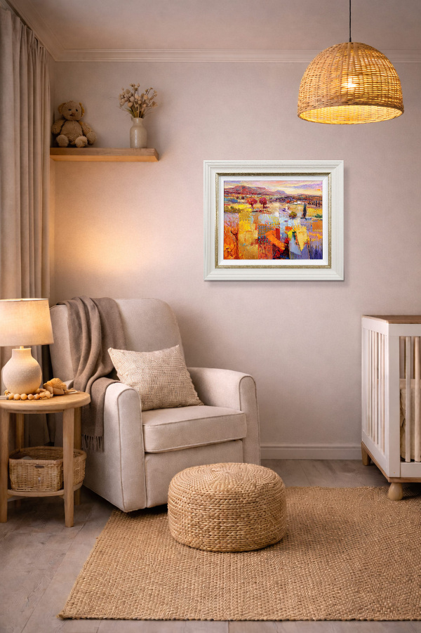 Sunlit Landscape by Mario Malfer, original painting, in room