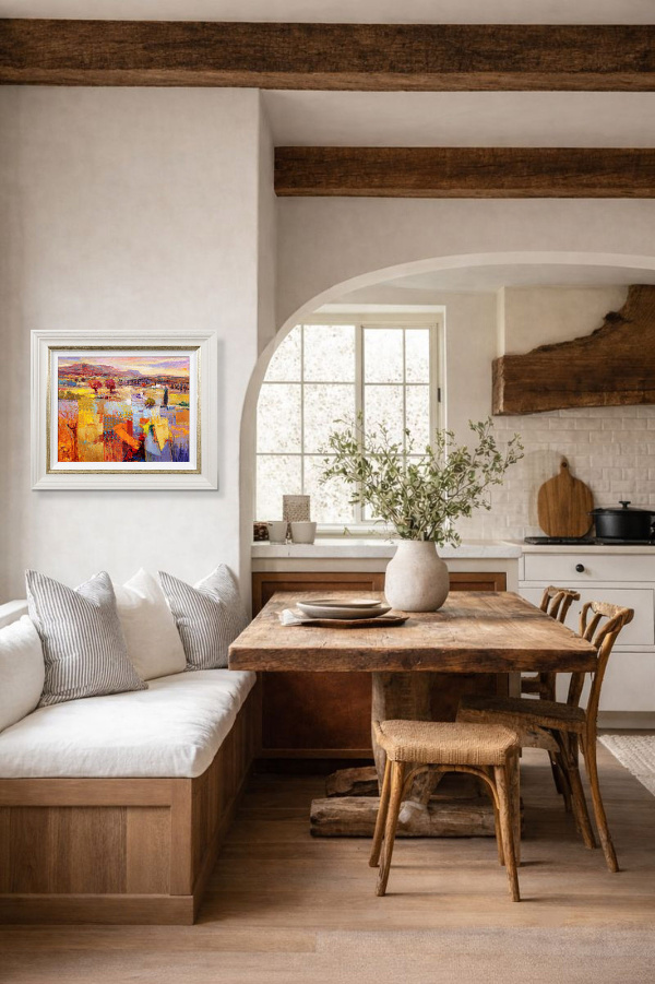 Sunlit Landscape by Mario Malfer, original painting, in room