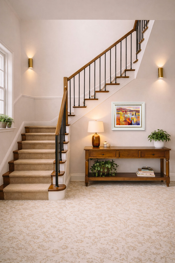 Sunlit Landscape by Mario Malfer, original painting, in room
