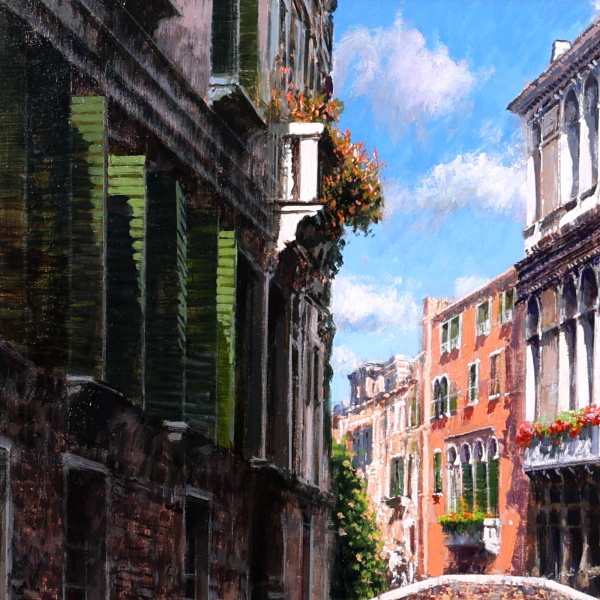 Bridge Over the Canal by Raffaele Fiore, original painting, detail