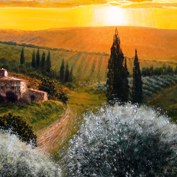 Tuscan Sunset Glow by Raffaele Fiore, original painting, detail