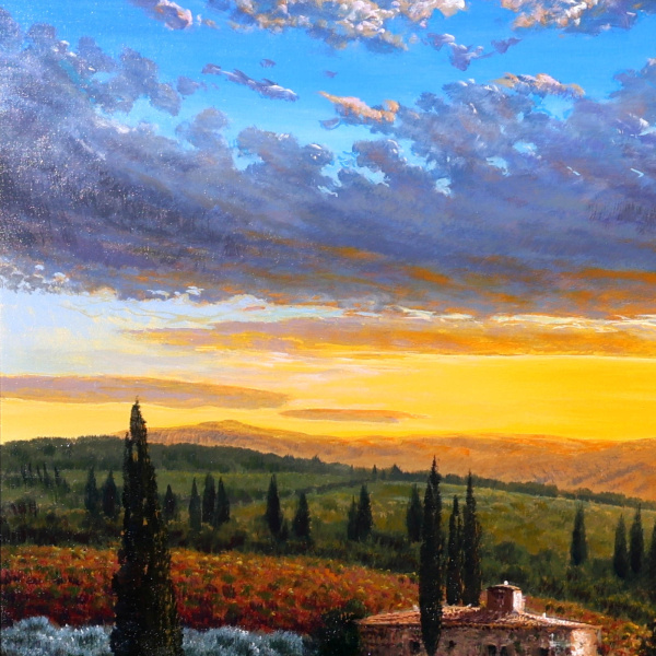 Tuscan Sunset Glow by Raffaele Fiore, original painting, detail
