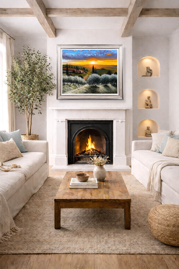 Tuscan Sunset Glow by Raffaele Fiore, original painting, in room
