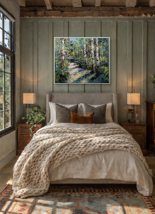 Woodland Radiance by Frank Getty, original painting, in room