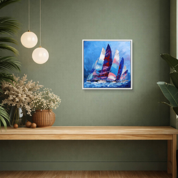 Regatta in Motion by Cortés, original painting, in room