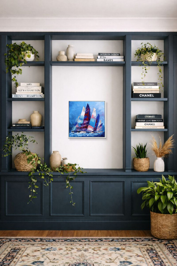 Regatta in Motion by Cortés, original painting, in room
