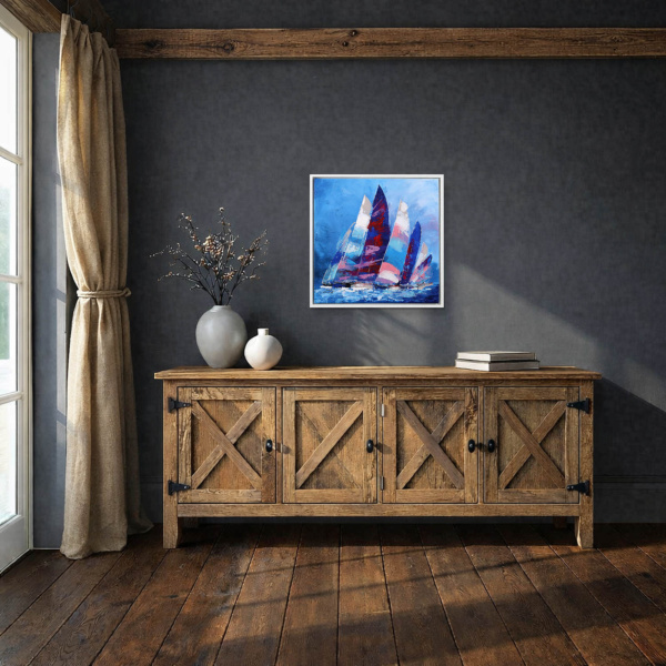 Regatta in Motion by Cortés, original painting, in room