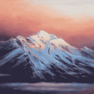 Original painting featuring a mountain at dawn and a pink sky by talented British artist Ben Payne