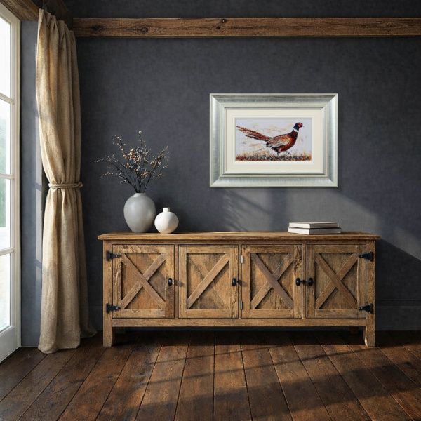 Pheasant, Ash Flash by Ruby Keller, original painting, in room