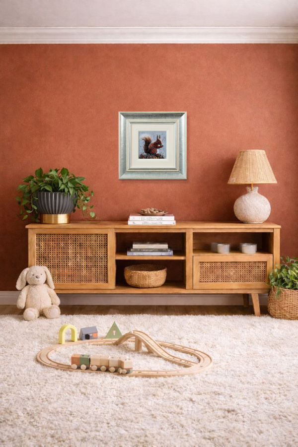 Diana The Squirrel by Ruby Keller, original painting, in room
