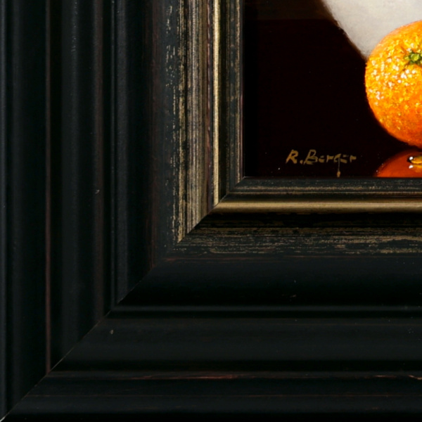 Orange, Apple & Porcelain Bowl by Ronald Berger, original painting, detail