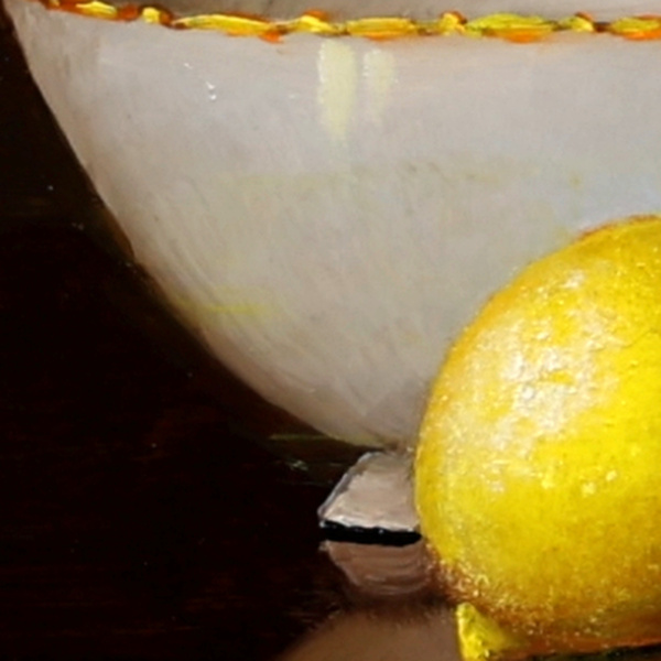 Two Lemons & Porcelain Bowl by Ronald Berger, original painting, detail