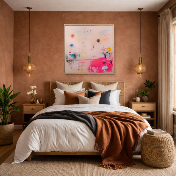 Pink Motion by Manel, original painting, in room