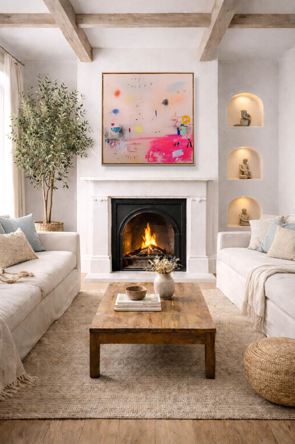 Pink Motion by Manel, original painting, in room