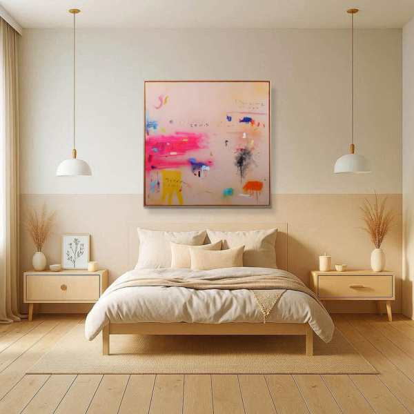 Pink Burst by Manel, original painting, in room