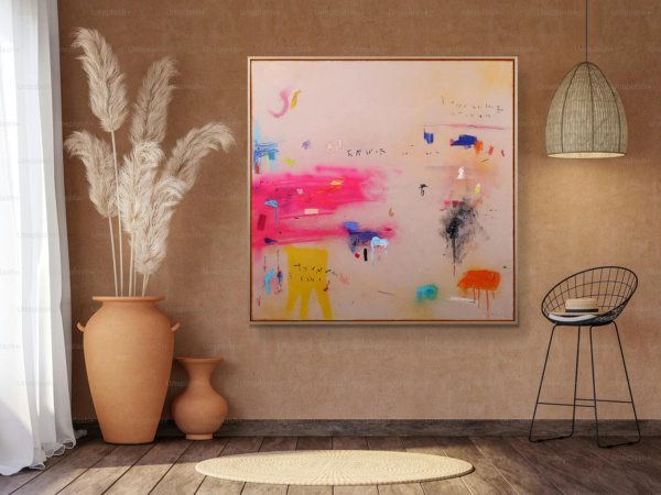 Pink Burst by Manel, original painting, in room