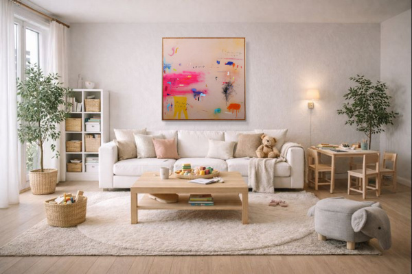 Pink Burst by Manel, original painting, in room