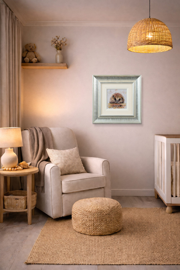 Harry The Hedgehog by Ruby Keller, original painting, in room