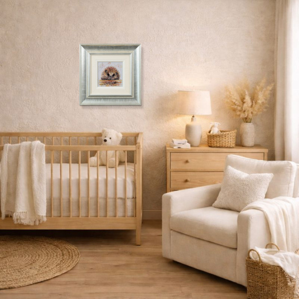 Harry The Hedgehog by Ruby Keller, original painting, in room