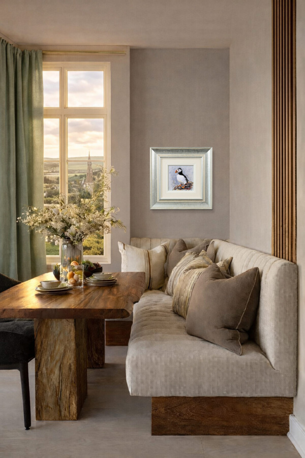 Paola The Puffin by Ruby Keller, original painting, in room