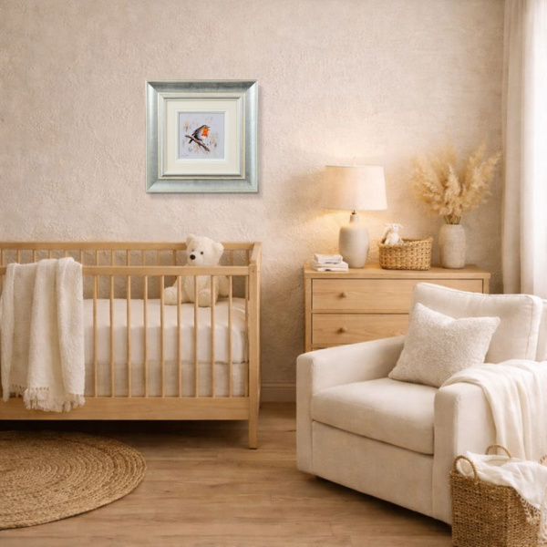 Robbie Robin by Ruby Keller, original painting, in room