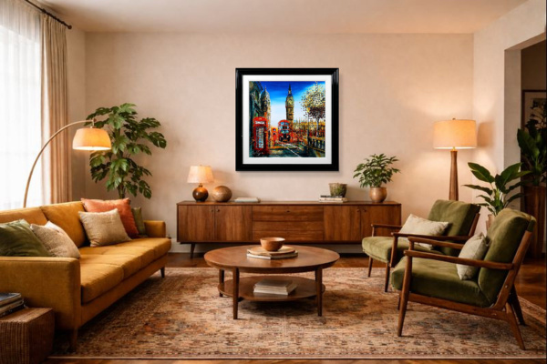 London In Motion by Simon Wright, original painting, in room