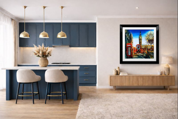 London In Motion by Simon Wright, original painting, in room