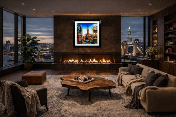 London In Motion by Simon Wright, original painting, in room