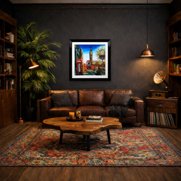 London In Motion by Simon Wright, original painting, in room